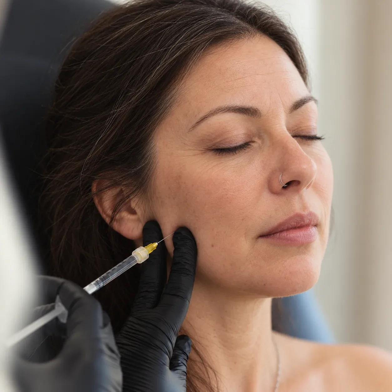 A fine injection needle is positioned at the side of a woman's lower cheek near her jaw.